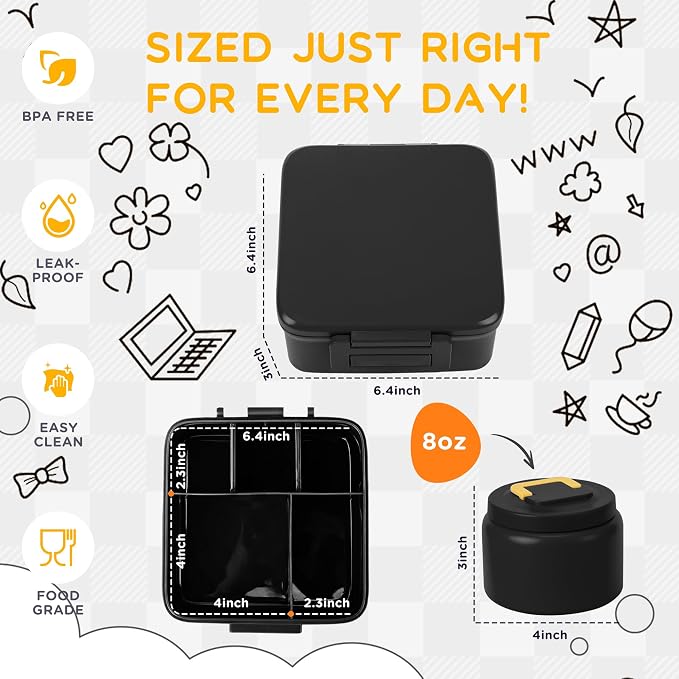 Bento Lunch Box for Kids with 8oz Thermo Containers for School,Camping | Vacuum Insulated Food Jar,Leakproof Silicone-Seal,5 Compartments with Dividers,Dishwasher & Refrigerator Safe,BPA-Free
