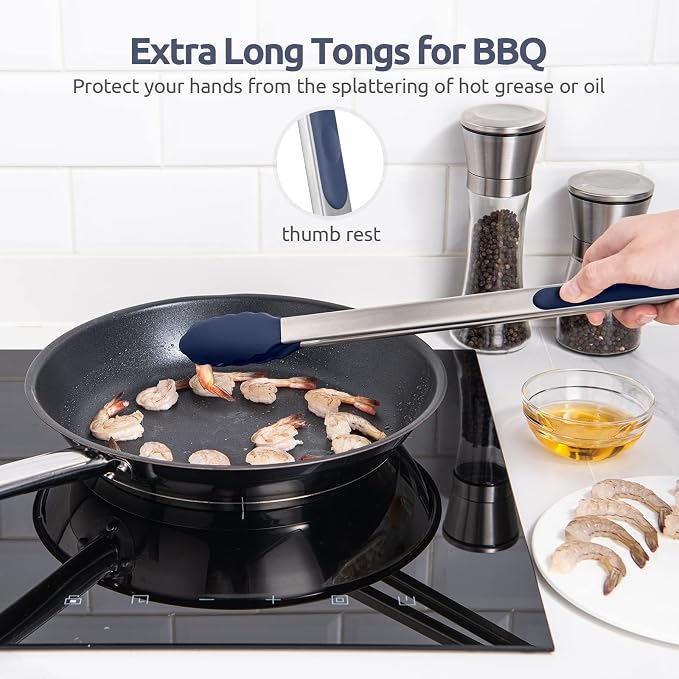 U-Taste Kitchen Tong for Cooking, 600ºF Heat-Resistant, 16in/Midnight Blue | Extra Long BBQ Tongs, Large Tong for Grilling/Grabbing, Big Thong with Nonstick Silicone Tps & 18/8 Stainless Steel Handle