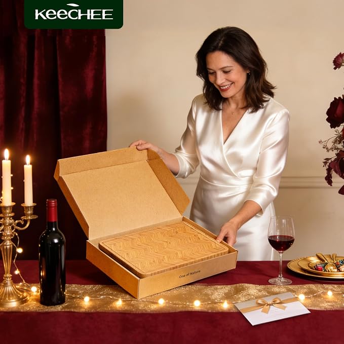 Keechee Atelier Collection Bamboo Cutting Board, Reversible Wood Chopping Boards for Kitchen with Juice Grooves, Handcrafted Large Serving Tray, Luxury Housewarming Wedding Gifts for New Home