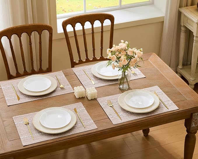 Wracra Cotton Linen Place Mats, Brown Embroidered Placemats Set of 6 | Placemats 12 x 18 Inch; Cotton Linen Woven Fabric; Heat Resistant Table Mats; Raised Embroidered Hollow Design