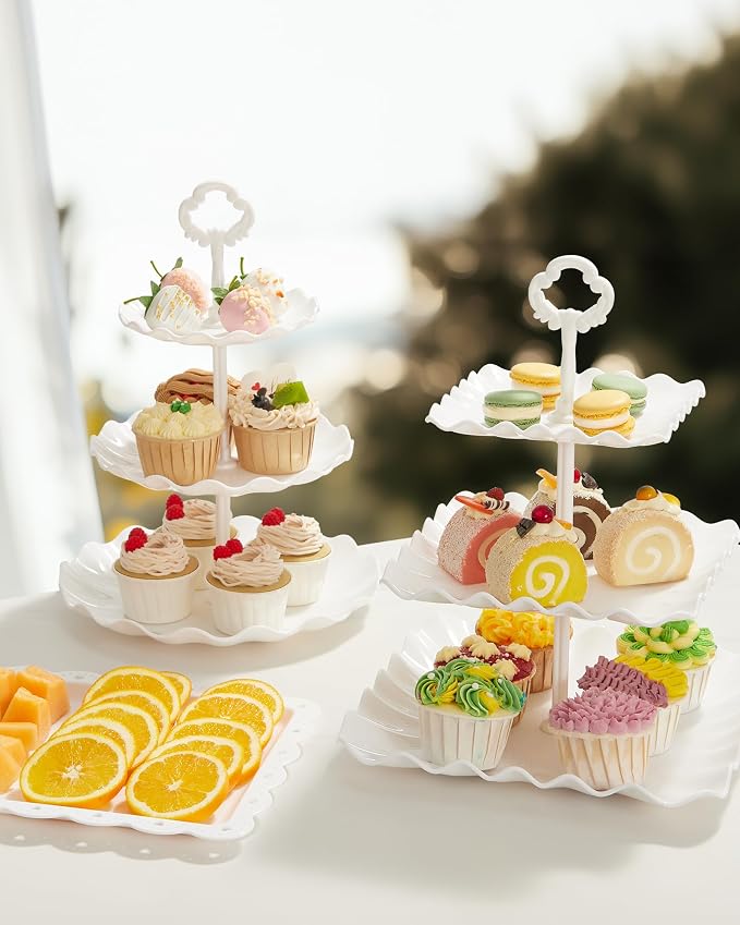 Kootek 10pcs Cupcake Stand Dessert Table Display Set Serving Tray for Party | 3-Tier Cupcake Stand, 6 Rectangular Trays, Hold 128 Standard Cupcakes, Cookie Display, BPA-Free, No Tools Required, Hand Wash