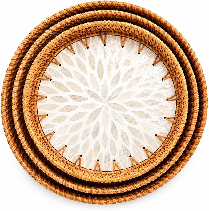 Round Rattan Serving Trays, Set of 3, White Leaf | Coffee Table Trays, Decorative Wicker Trays, Bread and Fruit Display, Ottoman Tray Set, Leaf Pattern