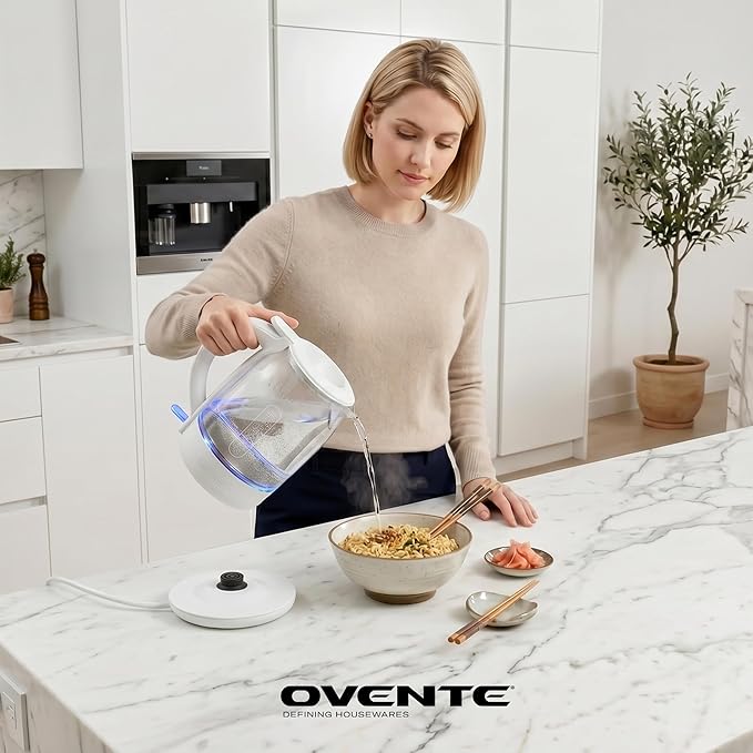 OVENTE 1.5L Glass Electric Kettle Water Boiler, White KG516W | 1500W Fast Boiling, Easy Fill Lid, Stainless Steel Filter, LED Indicator, Auto Shut-Off, Boil-Dry Protection, 360° Base