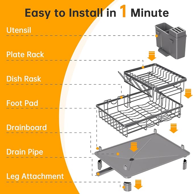 2 Tier Large Detachable Dish Drying Rack for Kitchen Counter, Gray | Compact Dish Drainer Organizer, Rust-Resistant, Space-Saving Dish Rack with Drainboard, Utensil Holder, Kitchen Organizer