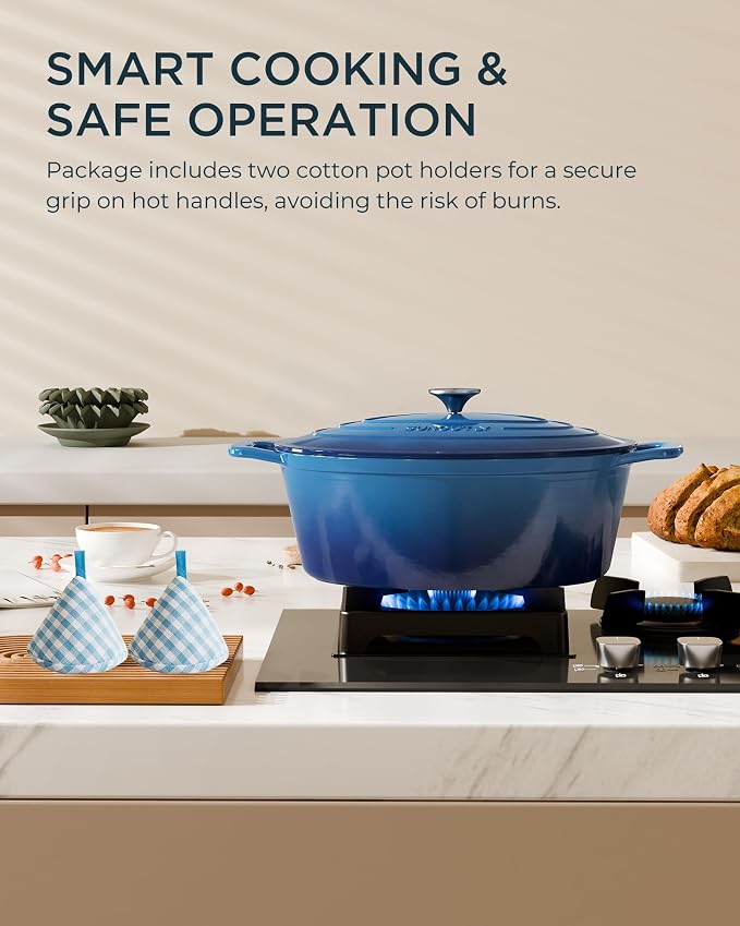 Enameled Cast Iron Dutch Oven - 9.3QT Dutch Oven Pot with Lid & Cotton Potholders - Heavy-Duty Non Stick Casserole Pot for Braising, Stews, Roasting, Baking, Suitable for All Stovetops, Navy Blue