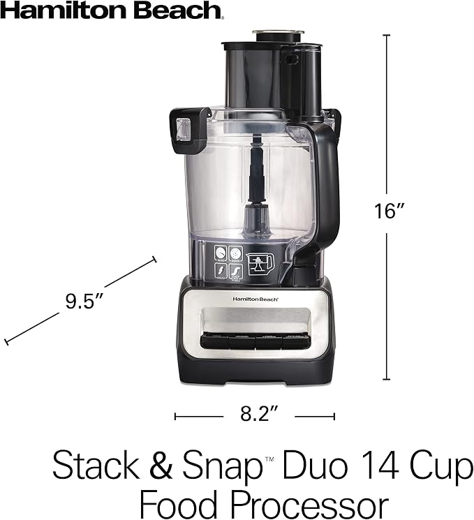 Hamilton Beach Stack & Snap 14 Cup Food Processor and Vegetable Chopper | Dishwasher Safe Stainless Steel Blades | 3-Speed 500 Watt Motor | Includes 4-Cup Mini Food Processor Bowl | Black | 70585