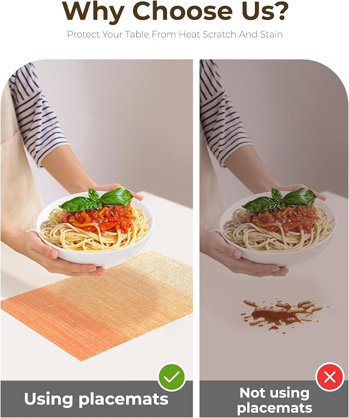 Leetaltree Gradient Burnt Orange Woven Placemats Set of 12 - Heat Resistant Non-Slip Fall Place Mats for Dining Table, Washable Durable PVC Vinyl Woven Table Mats(Gradient Orange-red, 12)