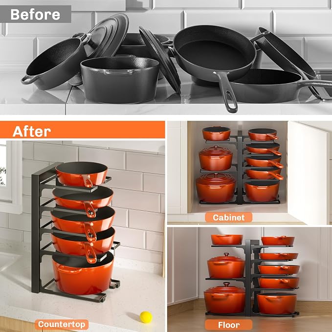 MUDEELA 8-Tier Pots and Pans Organizer under Cabinet, 15.9" H Heavy-duty | 120LBS capacity, 2 Installation Options, Adjustable pot rack holds cast-iron pans, skillets, griddles and shallow pot