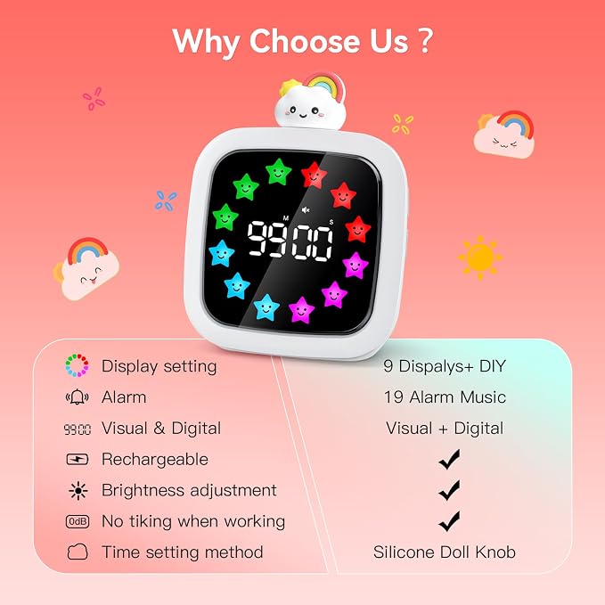 Digital Visual Timer for Kids, 99-Minute Countdown, Rechargeable | 19 Music Alarm, Pause Function, 9 Optional DIY Color Star Display, Rainbow Doll, for Study, Homeschool, Kitchen