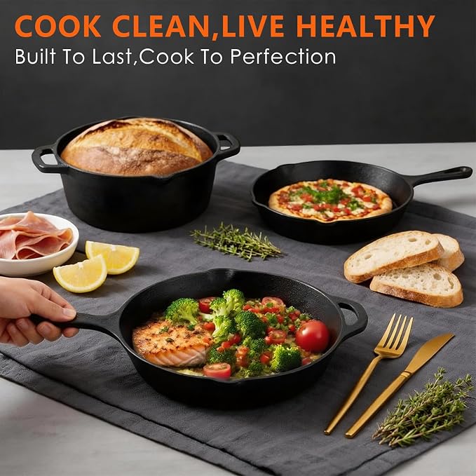 6 Piece Pre-Seasoned Cast Iron Cookware Set – Incl. 5QT Dutch Oven with Lid, 8'' and 10.25'' Cast Iron Skillets, 10.5'' Round Griddle, and a Square Grill Pan for Kitchen, Stovetop, & Camping