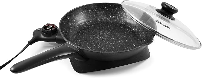 Elite Gourmet EG6207# Non-Stick Electric Skillet, Pour Spout, 2Qt, Black | Scratch-Resistant Surface, Dishwasher Safe, Vented Glass Lid, Small 10.5-Inch Adjustable-Temp Design