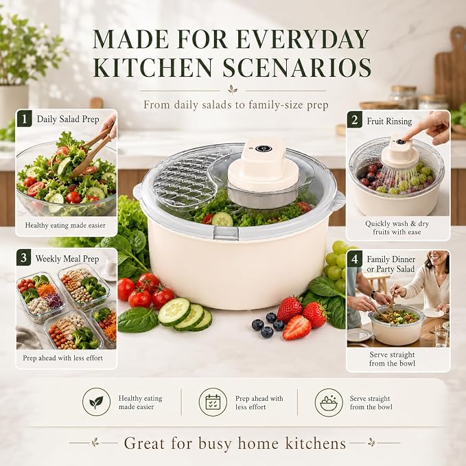 Electric Salad Spinner & Produce Washer, Fruit Washer Spinner Bowl for Lettuce, Berries & Veggies, Vegetable Dryer, Lettuce Spinner, Fruit Cleaner (Cream White)