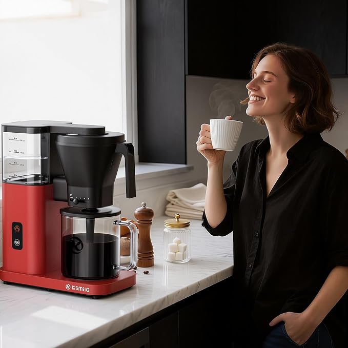 Kismile SCA-Certified 8 Cup Drip Coffee Maker, Pour Over Coffee Machine with 3s Instant Heat 197–205℉, Adjustable Flow Control, Removable Water Tank, Deep Cold Brew & 40 Min Keep Warm (Red)