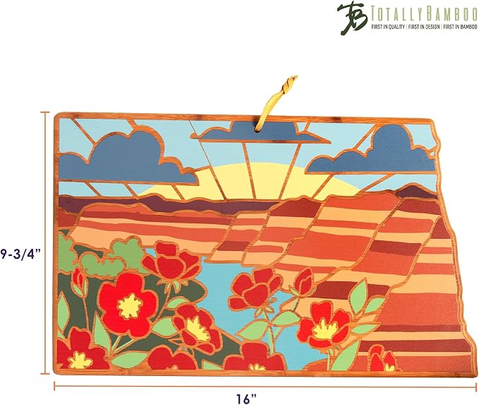 Totally Bamboo North Dakota State Shaped Cutting Board, Summer Stokes Art | State charcuterie board with colorful hand-drawn landscape art. Smooth reverse side for food prep. Hang tie for wall display.