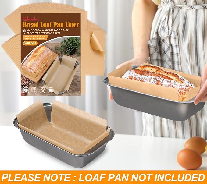 Webake 200Pcs Unbleached Parchment Paper Loaf Pan Liners for Baking Bread 9x5, 1lb 1.5lb 2lb, Original Precut, Non Toxic Baking Paper