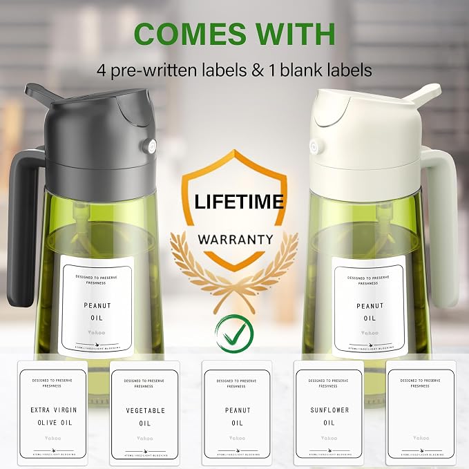 Vakoo Oil Sprayer for Cooking, 2 in 1 Oil Dispenser for Kitchen, 16oz/470ml Light-Blocking Dark Glass Olive Oil Spray Bottle, Air Fryer, Salad & BBQ (Black&White)