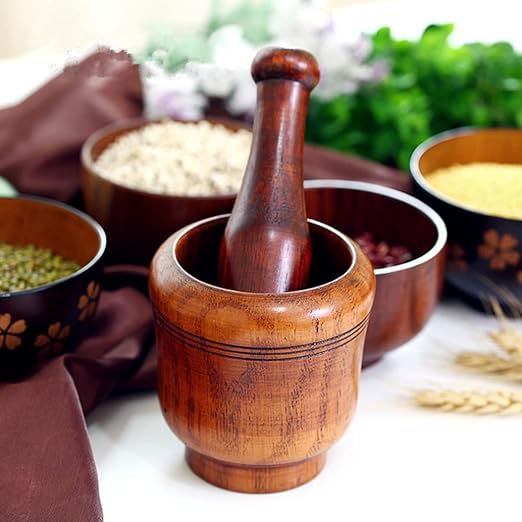 Wooden Mortar and Pestle Set, Traditional Spice Grinder Manual Garlic Masher Pepper Press Ginger Crusher Herb Spices Grinder Set Kitchen Gadgets