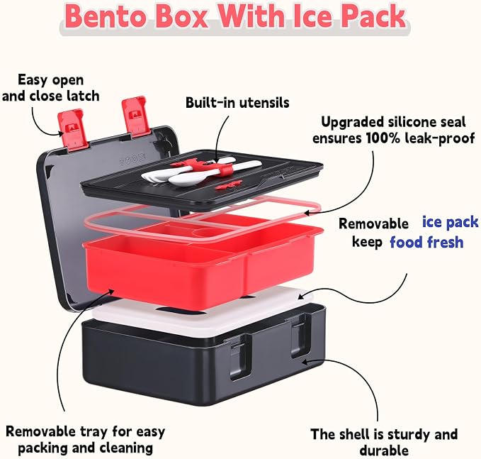 rockpapa Chill Bento Box for Kids- Large 5.5 Cups Lunch Box with Ice Pack - 5 Compartments, BPA-Free, Leak Proof, with Utensils & Portable Handle, Microwave/Dishwasher Safe (Black Games)