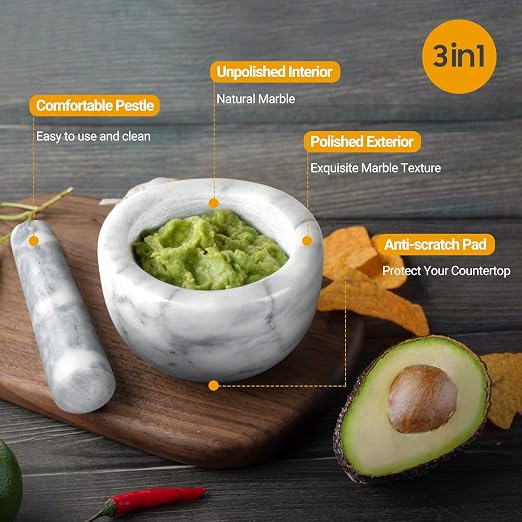 Tera Mortar and Pestle Set Marble Small Bowl Solid Stone Grinder Spice Herb Grinder Pill Crusher White, Diameter 3.93"