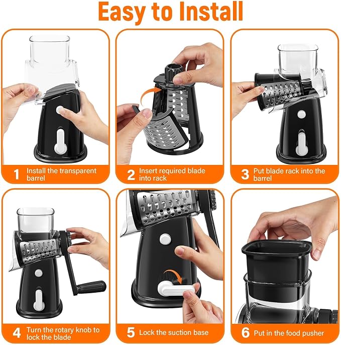 Rotary Cheese Grater Hand Crank, 5-in-1 Vegetable Chopper Spiralizer Slicer | Shredder with 5 Interchangeable Blades for Vegetable, Cheese, Fruit, with Blades Storage Box & Stable Suction Base (Black)