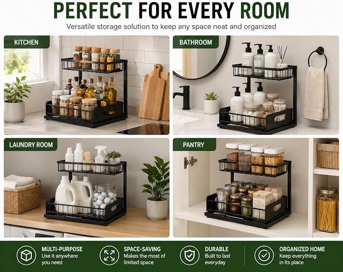 Under Sink Organizer, 2 Tier Adjustable Cabinet Organizer with Slide-Out Drawer, Heavy Duty Metal Storage Rack for Kitchen, Bathroom & Laudry room.
