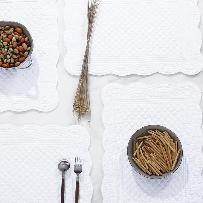 HOMBYS Quilted Placemats Set of 6 Washable-13x18 inches Rectangular Placemats for Kitchen Table-100% Cotton Fabric Rectangular Table Mats, (Pure White)