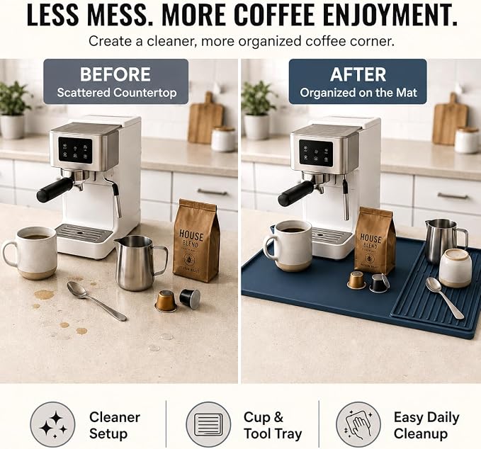 Silicone Coffee Mat 24 x 16 in with Tray, Deep Sea Blue | Coffee bar mat for countertop use, coffee station mat or coffee machine mat with removable tray and 0.47 in raised rim.