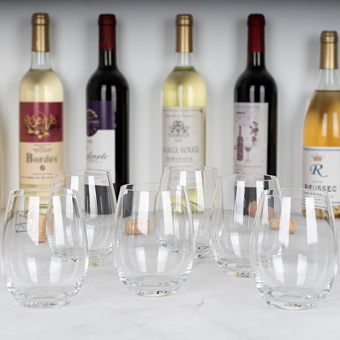 Premium Stemless Wine Glasses Set of 6, 15 oz All-Purpose Beverage Glasses | Lead-Free Crystal Glasses for Red & White Wine, Clear Drinking Glasses for Water, Juice, Cocktails, Gift Box, Dishwasher Safe