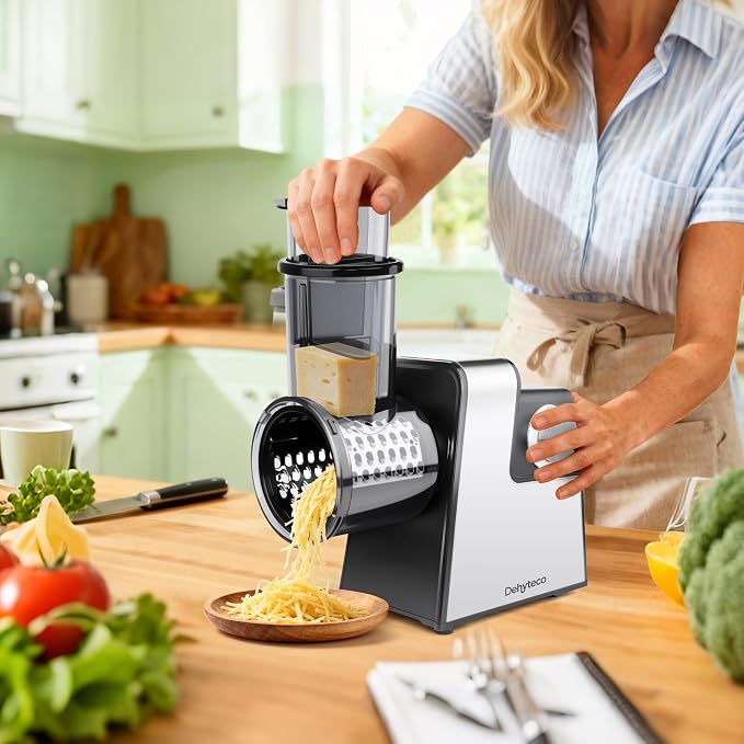 Electric Cheese Grater 7 in 1,Stainless Steel Salad Shooter,Slicer Shredder | 300W, Rotary Switch, for Block Cheese Vegetables Cucumber Carrot