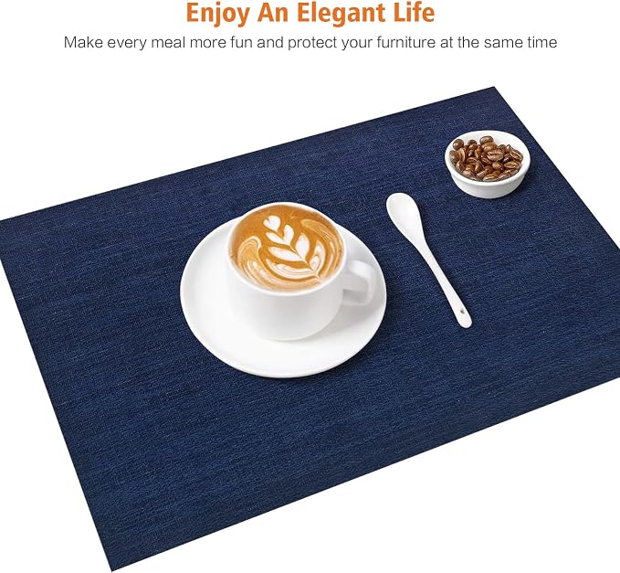 Blue Vinyl Placemats Set of 8,Washable Dining PVC Table Mats | Heat resistant, stain resistant non slip vinyl place mats, washable blue table placemats for dining table