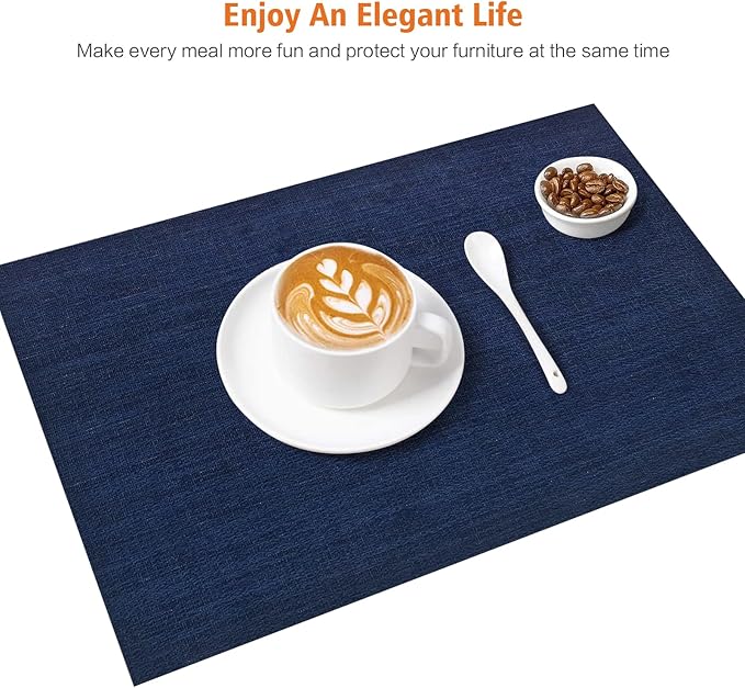 Blue Vinyl Placemats Set of 6,Washable Dining PVC Table Mats | Heat resistant, stain resistant non slip vinyl place mats, washable blue table placemats for dining table