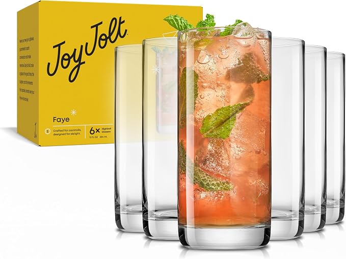 JoyJolt Faye 13oz Highball Glasses, 6pc Tall Glass Sets. Lead-Free Crystal Drinking Glasses. Water Glasses, Mojito Glass Cups, Tom Collins Bar Glassware, and Mixed Drink Cocktail Glass Set