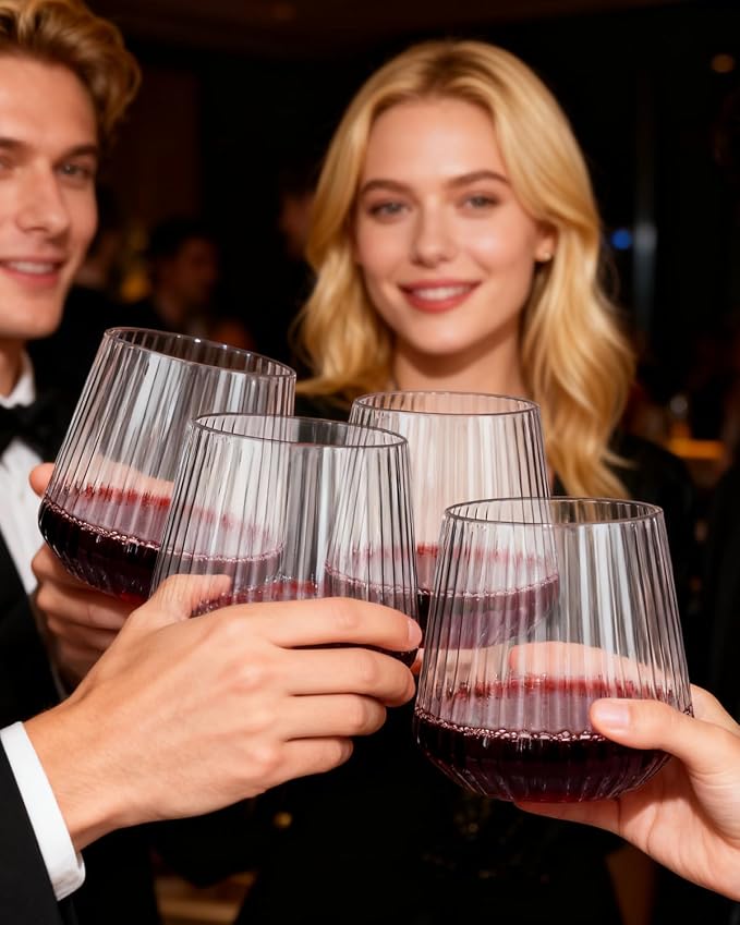 YOUBET 40Pack Plastic Ribbed Wine Glasses for Wedding Parties Bar | 14 oz Clear Thicker Origami Stemless Disposable Wine Glasses - Heavy Duty Unbreakable Vintage Whiskey Cups