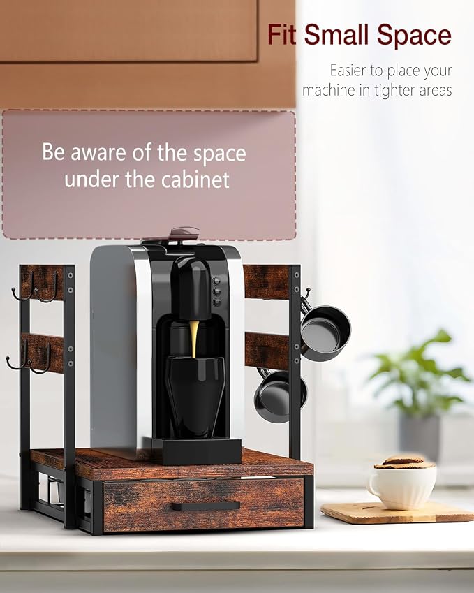 Evermagin K Cup Holder, Coffee Pod Holder Compatible with Keurig | K cup organizer for 35 Pods, Coffee Station Organizer for Countertop with 8 Mug Hooks, Easy Assembly, Rustic Brown
