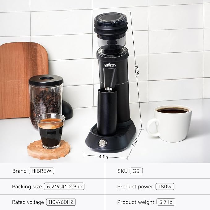 HiBREW G5 Electric Burr Coffee Grinder, Aluminum Body, Single Dose, Black | 48mm Conical Burr Coffee Grinder with Dual Speed Grinding, 36 Grind Levels,50g Bean Capacity, Anti-Static Design,Espresso