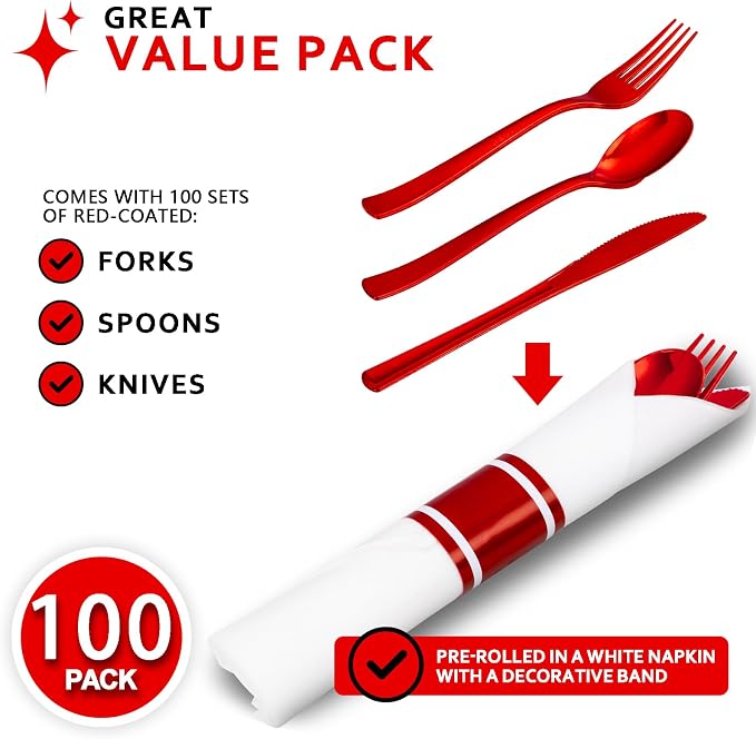400PCS Pre Rolled Red Plastic Silverware Sets Heavy Duty for Wedding | Individually Wrapped Utensils, 100 Guests, Durable and Sturdy, BPA free, Includes Matching Napkins, for Festive Events
