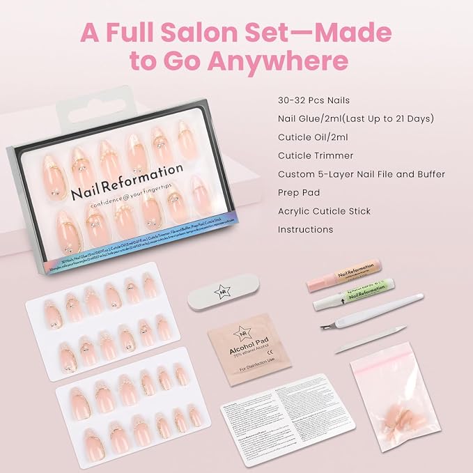 Nail Reformation Press On Nails, French Tip Nude Medium Almond Fake Nails | with Pearl & Sparkling Gems in Glossy Finish, Salon Quality, Reusable Stick On Nails in 15 Sizes 30 Nail Kit for Women Gifts