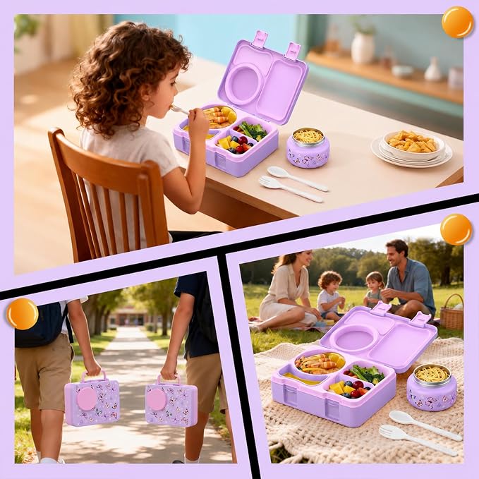 Kids Insulated Lunch Box with 8OZ Thermo Food Jar | Leakproof Bento Box with Ice Pack Sauce Cup Utensils Removable Tray & Dividers for School Daycare Travel, Butterflies