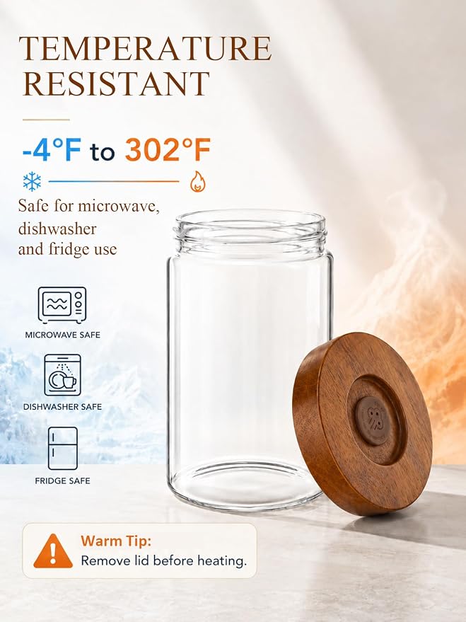 Coffee Canister, 9oz Airtight Glass Storage Jar with Wooden Lid | One way CO₂ valve helps keep beans fresh, thick glass jar for coffee beans, grounds, tea, sugar, spices, and countertop decor
