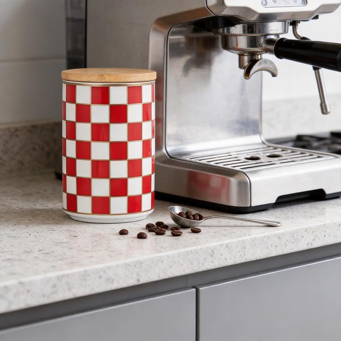 Kitchen Countertop Ceramic Checkered Canisters,Black And White Food Storage Containers With Lid,Airtight Kitchen Canisters for Flour, Sugar, Coffee, Tea, and Dry Goods (Red, Large)