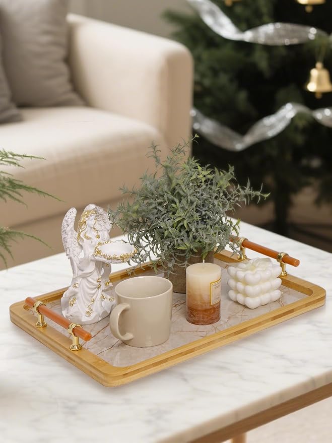 JUPELI 16" x 12" Bamboo Serving Tray with Handles – Marble Pattern Decorative Rectangle Tray for Coffee Table, Kitchen, Vanity, Bathroom, or Ottoman – Perfect for Bread Food Fruit Display & Storage