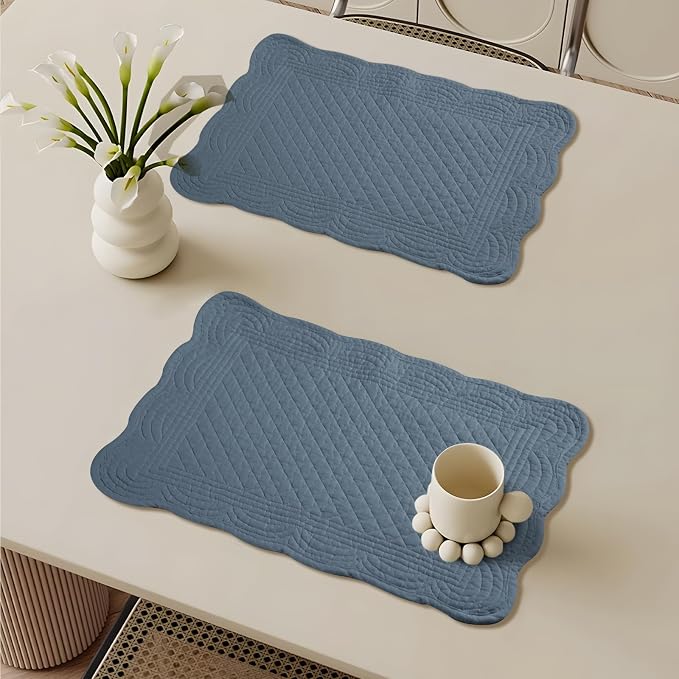 6 PC Quilted Placemats, 18"X13"Extra Large Cotton Placemats Set of 6, 100% Cotton Fabric Washable Cloth Table Mats for Kitchen & Dining Table - Soft &Easy Clean(Navy Blue, Rectangular)