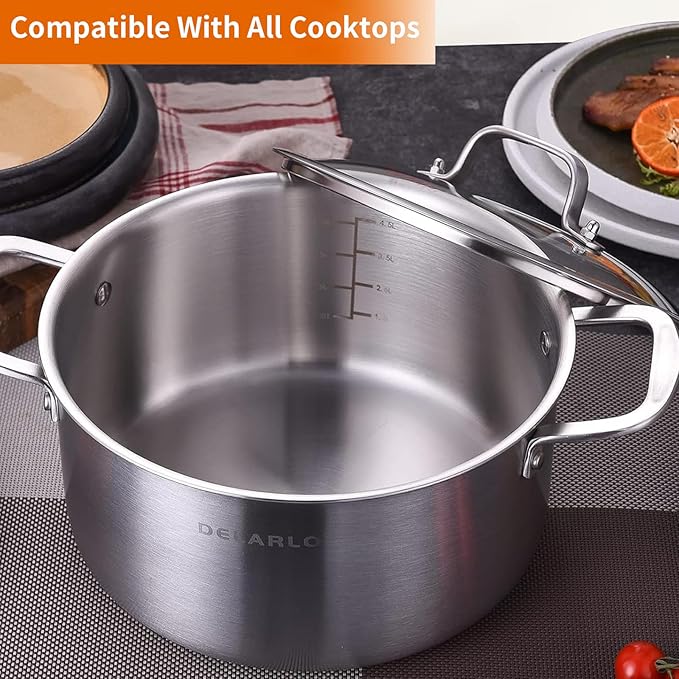 DELARLO Tri-ply Stainless Steel 5 Quart Heavy Duty Induction Stock Pot | Stockpot with Lid, All Stoves Compatible Up to 600℉, Kitchen Essentials Soup Pot with lid Fast Even Heat