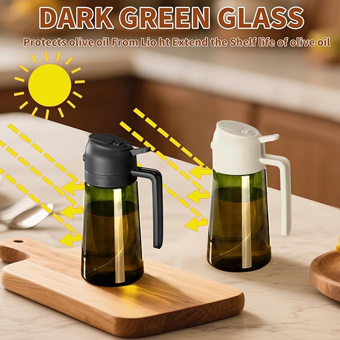 SWEET VIEW 2PCS Olive Oil Dispenser and Oil Sprayer | 16oz/470ml Glass Light-Proof Oil Pourer for Kitchen Air Fryer, Cooking, Salad, and BBQ, with Stickers