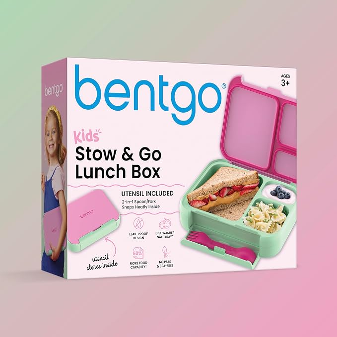 Bentgo Kids Stow & Go Leak-Proof Lunch Box with Built-In Utensil | 3.5-Cup Capacity, Removable Tray, Portion-Perfect Compartments for Kids and Teens, 2-in-1 Spoon & Fork (Strawberry)