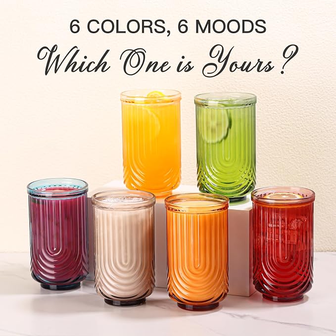 JOVGANK Colored Vintage Glassware Set of 6-17Oz Colorful Water Drinking Glass, Art Deco Ripple Highball Glass, Whiskey Cocktail Glasses, for Bar Ice Coffee Juice, Housewarming Gift