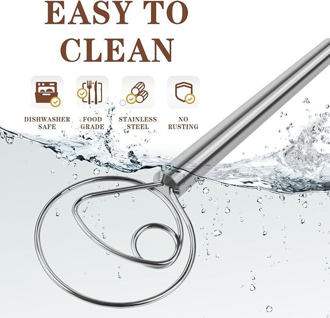 TEEVEA Danish Dough Whisk Stainless Steel for Sourdough Bread | Dutch Dough Hook, Replaces Hand Mixer and Spoon, Bread Baking Tool, Food Grade Rust Resistant Steel, Non-Stick, Easy to Clean