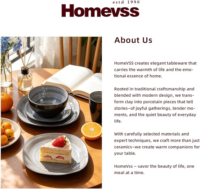 HomeVss, Stoneware Square 16pc Dinnerware Set, Inside Spinwash Swirl Grey + Outside Black