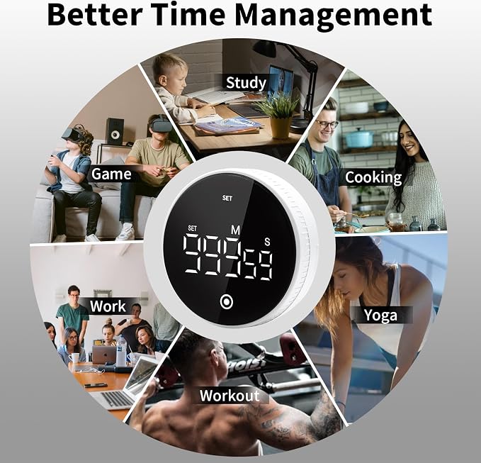 Digital Kitchen Timer, Magnetic Visual Countdown Countup Timer with Large LED Display, Adjustable Volume, Easy for Seniors and Kids, for Cooking, Classroom, Fitness, Study (White)