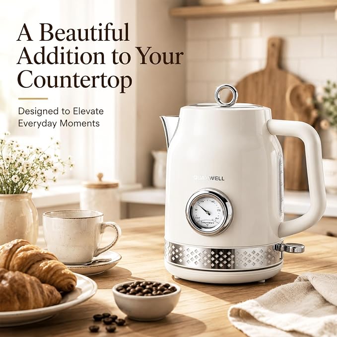 Retro Electric Kettle, 1.7L, 304 Stainless Steel, Off-white | Tea Kettle With Temperature Gauge, 1500W Fast Boiling, Auto Shut-Off & Boil-Dry Protection, BPA-Free